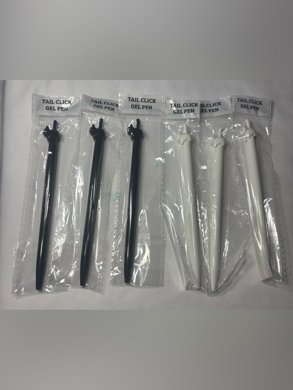 6 New Kitty Cat Tail Click Gel Pen Set - Black & White